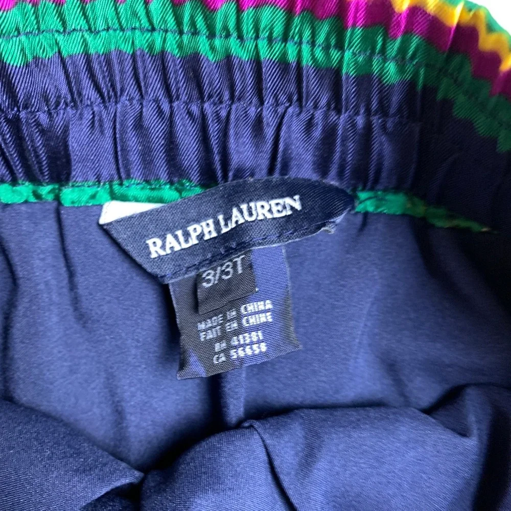 Ralph Lauren Silk Skirt Girls 3T Navy Blue Green Striped‎ Elastic Waist Preppy